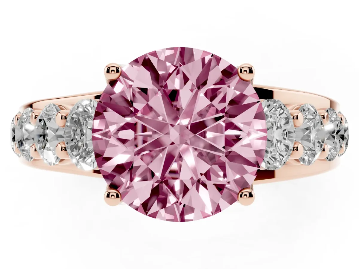 Fancy Pink Round Cut Diamond Engagement Ring with Pavé Band and Four-Prong Setting Rose gold