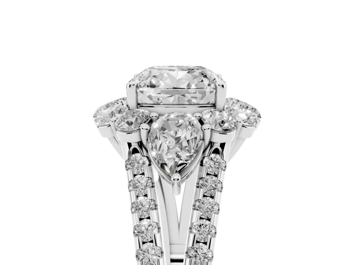 Cushion Cut Halo Split Shank Diamond Engagement Ring with Prong Setting Platinum
