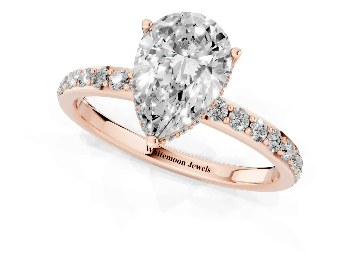 Pear Cut Diamond Solitaire Ring with Pavé Band and Hidden Halo Rose gold