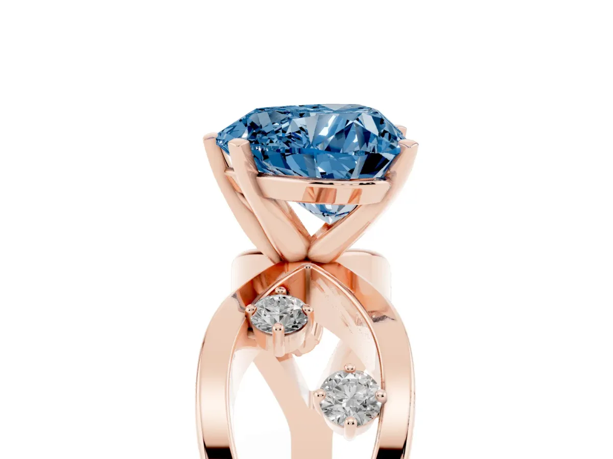 Fancy Blue Heart Cut Cut Solitaire Diamond with Side Stones on Criss-Cross Band and Four-Prong Setting Rose gold