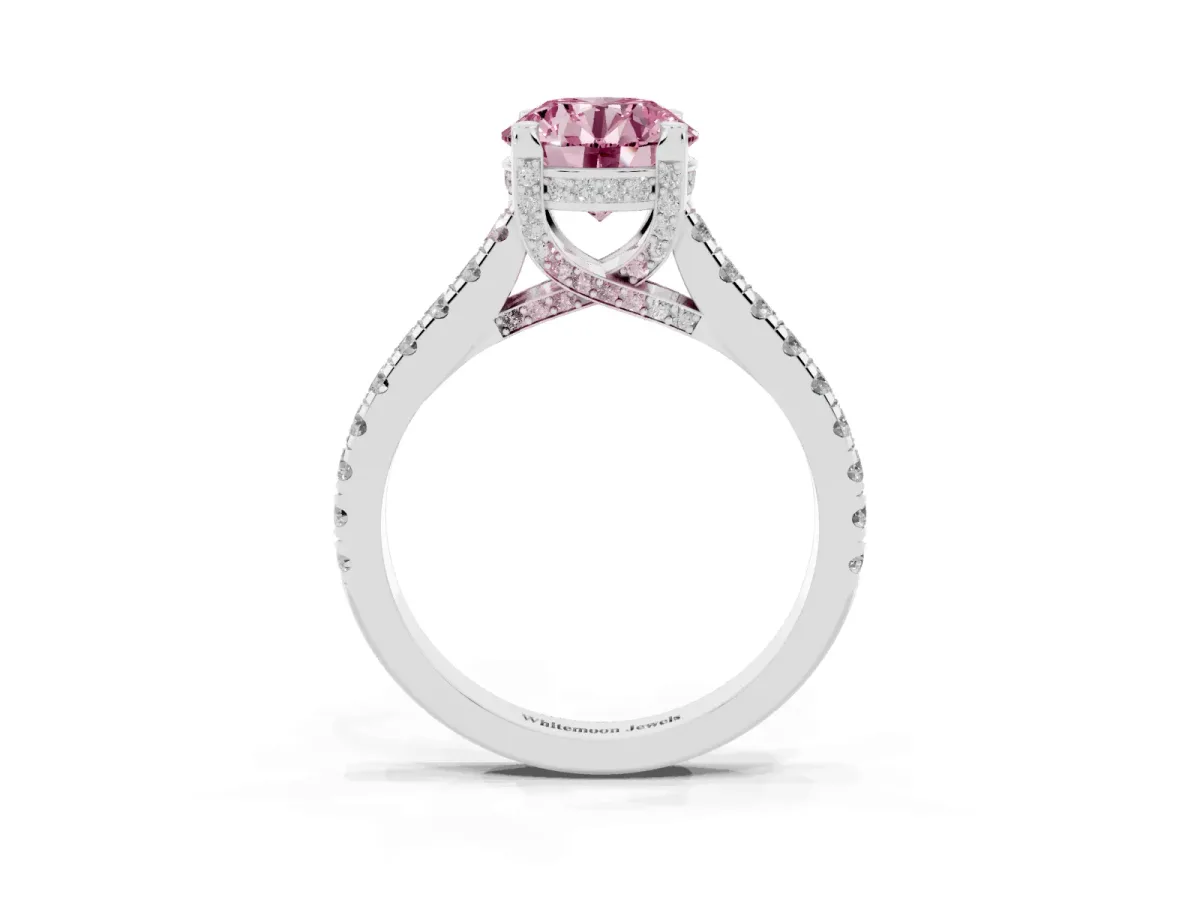 Fancy Pink Round Cut Brilliant Diamond Solitaire with Pavé Band and Four-Prong Setting White gold