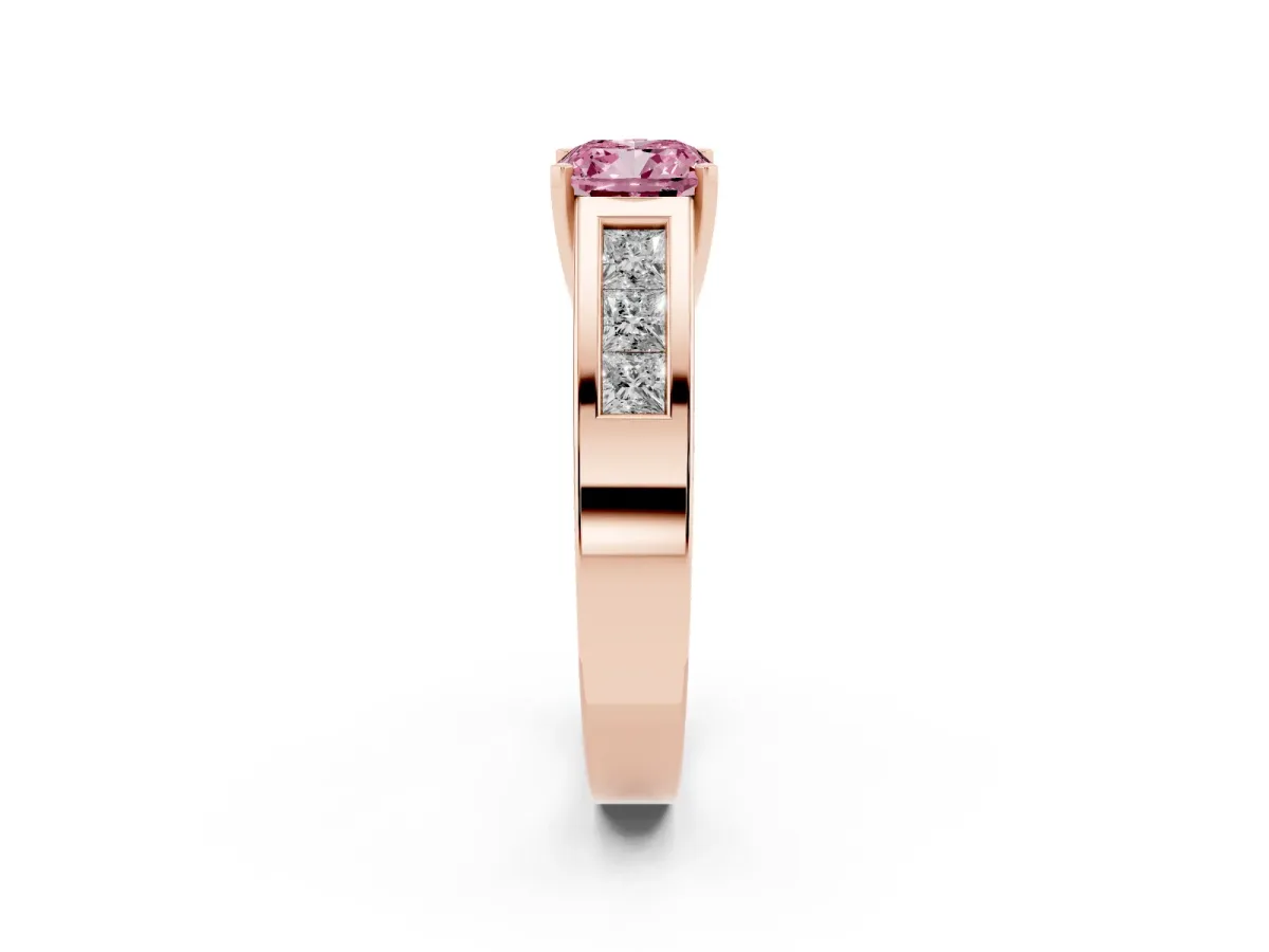 Fancy Pink Cushion Cut Cut Channel Set Solitaire Ring with Four-Prong Setting Rose gold
