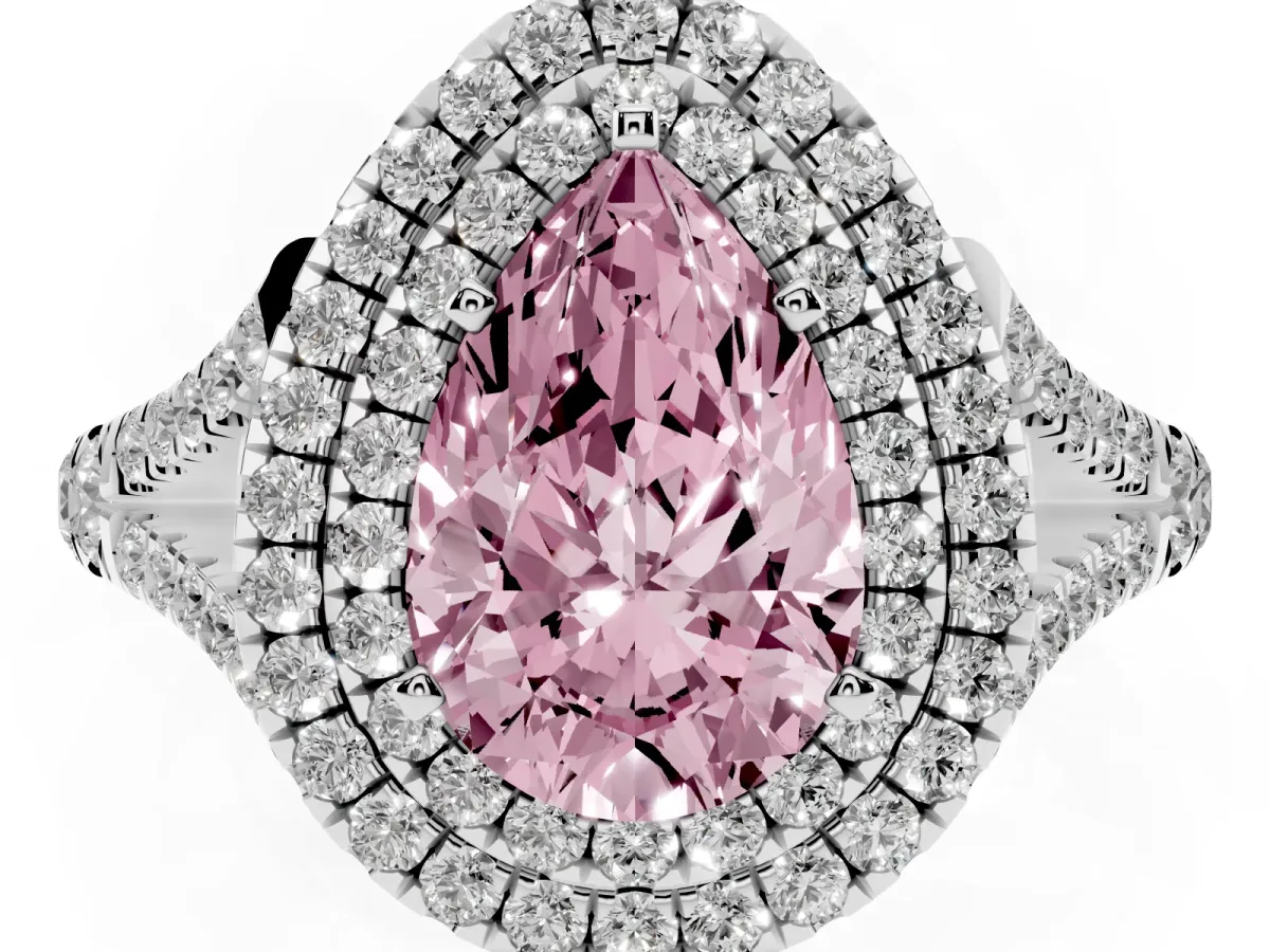 Fancy Pink Pear Cut Diamond Pavé Split Shank Double Halo Engagement Ring Silver