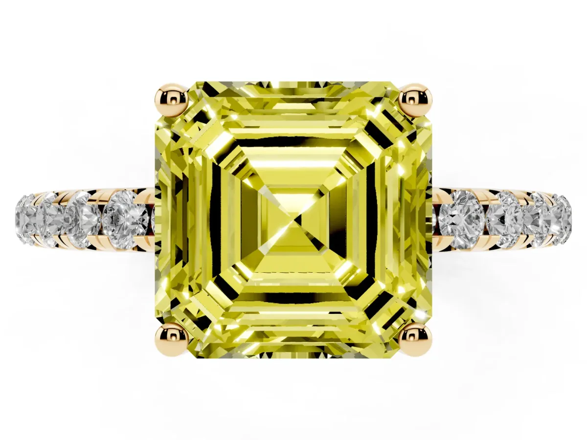 Fancy Yellow Asscher Cut Cut Diamond Solitaire Ring with Micro Pave Band and Four Prong Setting Yellow gold