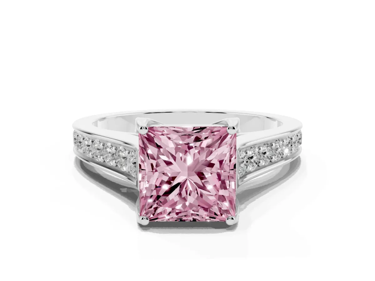Fancy Pink Princess Cut Brilliant Cut Diamond Engagement Ring with Pavé Band and Four-Prong Setting Platinum