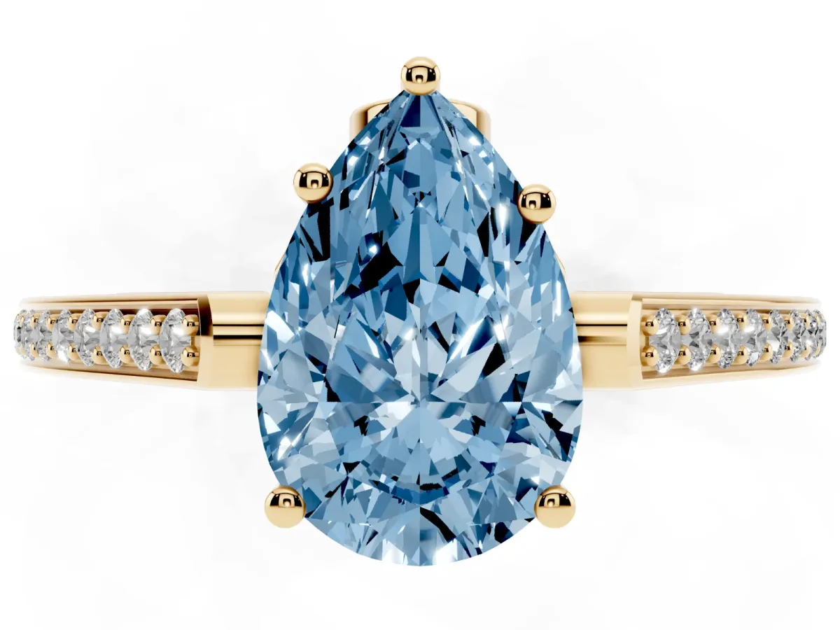 Fancy Blue Pear Cut Cut Cathedral Pave Diamond Engagement Ring with Six-Prong Setting Yellow gold