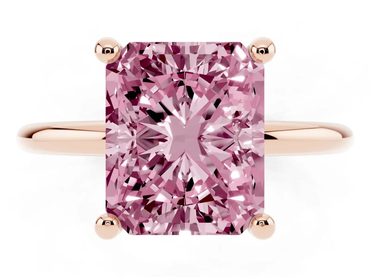 Fancy Pink Radiant Cut Solitaire Diamond Ring with 4-Prong Setting on a Classic Band Rose gold