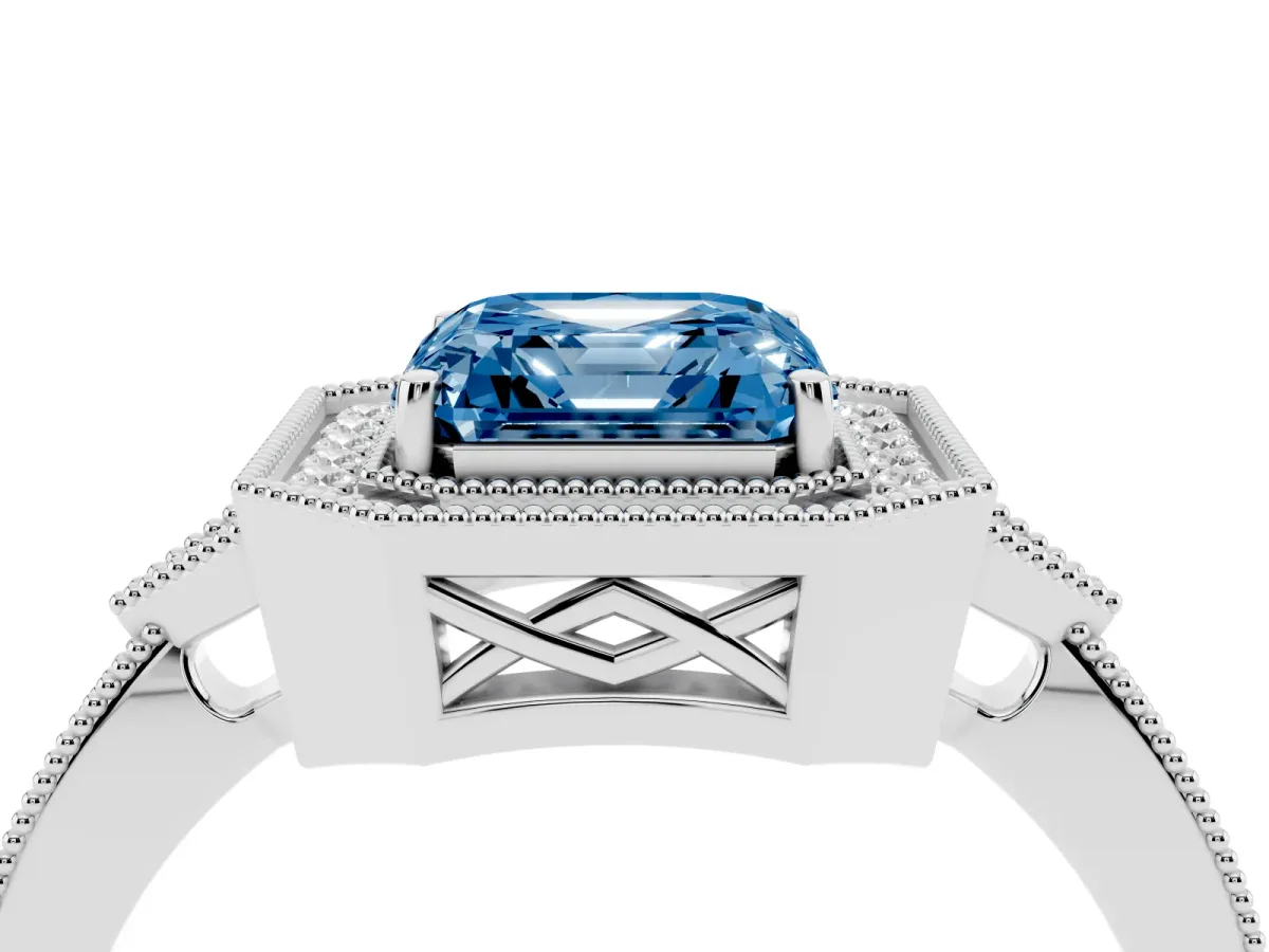 Fancy Blue Asscher Cut Halo Round Diamond Milgrain Pave Engagement Ring Silver