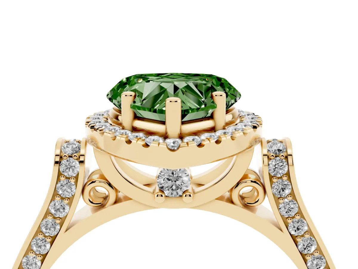 Fancy Green Heart Cut Halo Round Diamond Twist Band with Four-Prong Setting Yellow gold