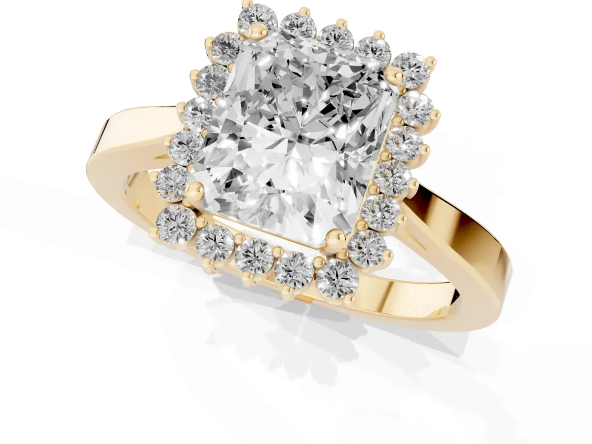 Radiant Cut Cut Diamond Halo Ring with Round Brilliant Halo and Solitaire Band Yellow gold