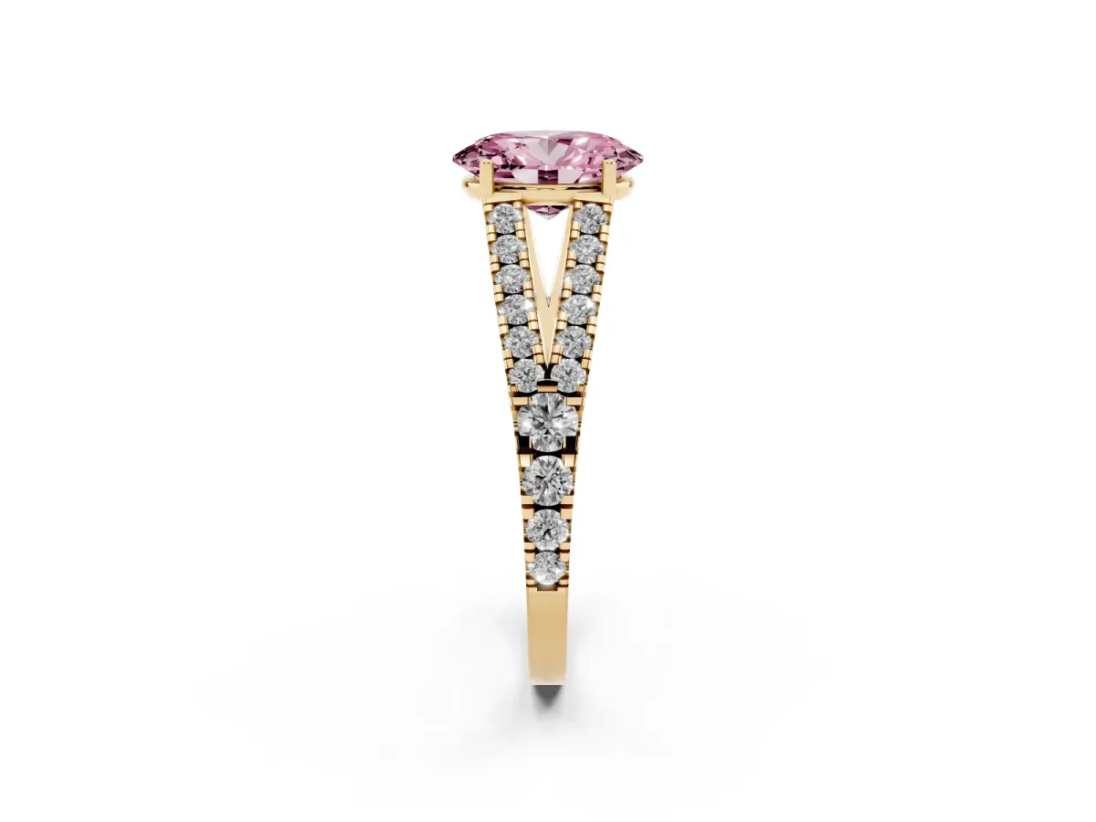 Fancy Pink Oval Cut Diamond Split Shank Engagement Ring with Round Pavé and Prong Setting Yellow gold