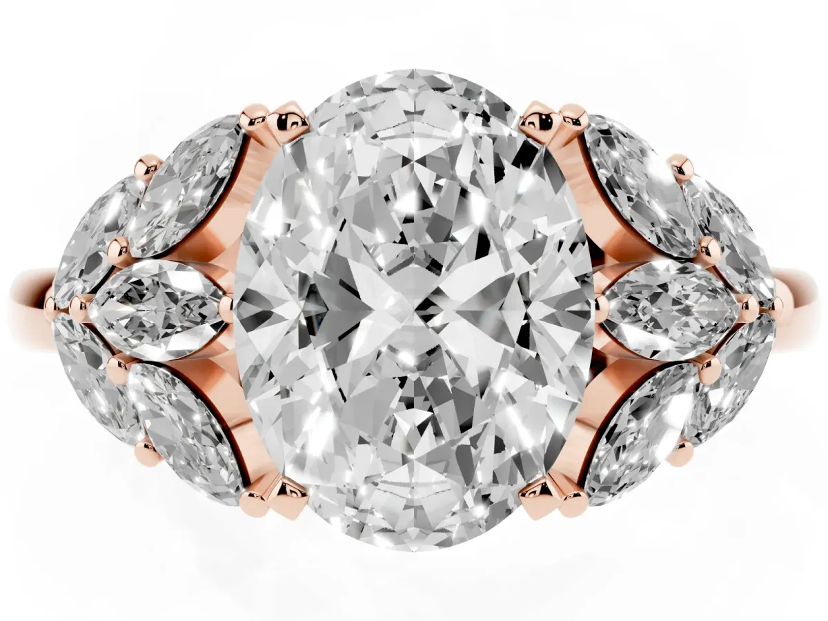 Oval Cut Diamond Cluster Leaf Design Ring with Prong Setting Rose gold