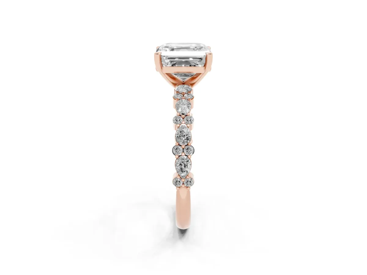 Asscher Cut Diamond Side Stone Solitaire Ring with Round and Four-Prong Setting Rose gold