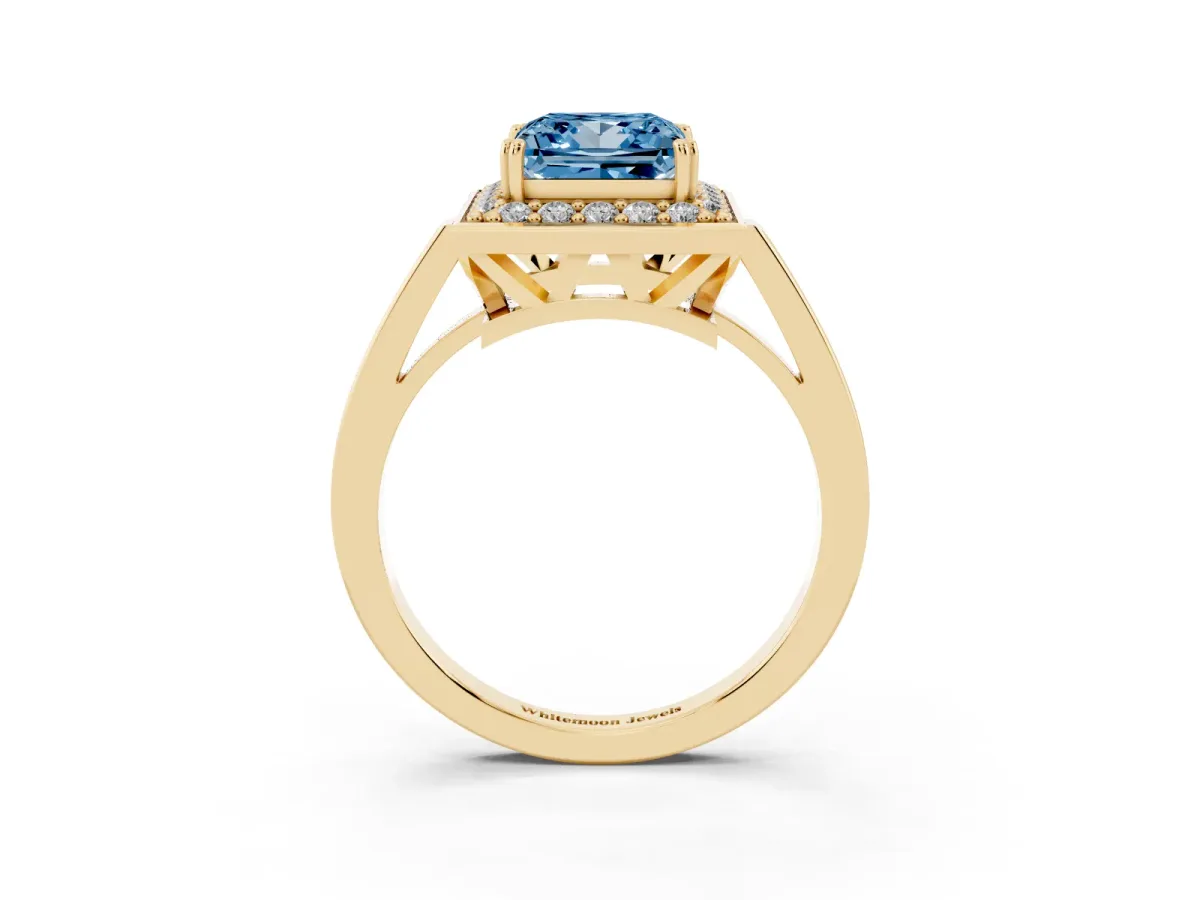 Fancy Blue Princess Cut Diamond Halo Ring with Split Shank and Four-Prong Setting Yellow gold