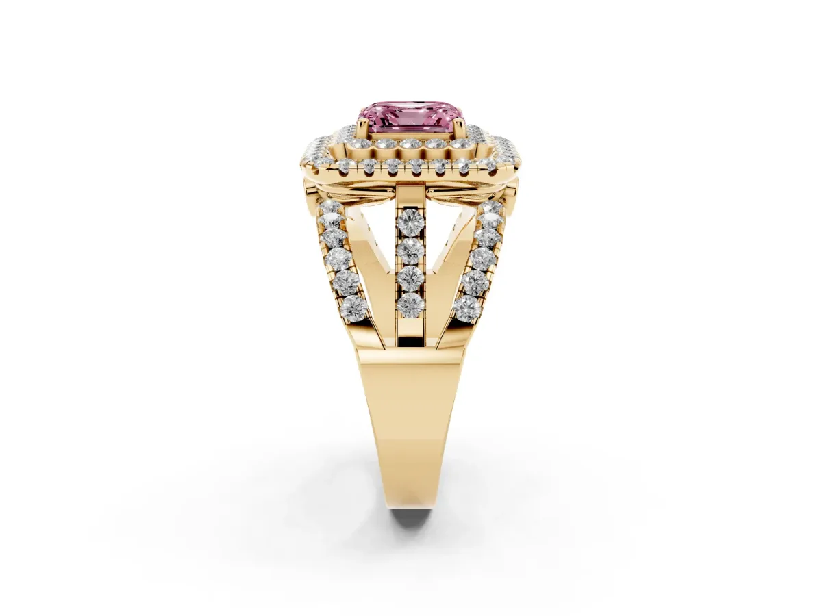 Fancy Pink Asscher Cut Diamond Double Halo Ring with Round Pavé Split Shank and Prong Setting Yellow gold