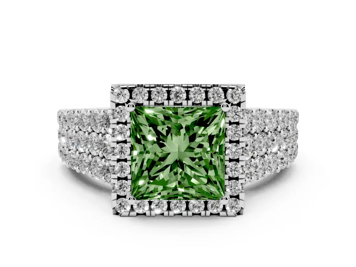 Fancy Green Princess Cut Diamond Halo Engagement Ring with Triple Row Round Pavé Band and Prong Setting Silver