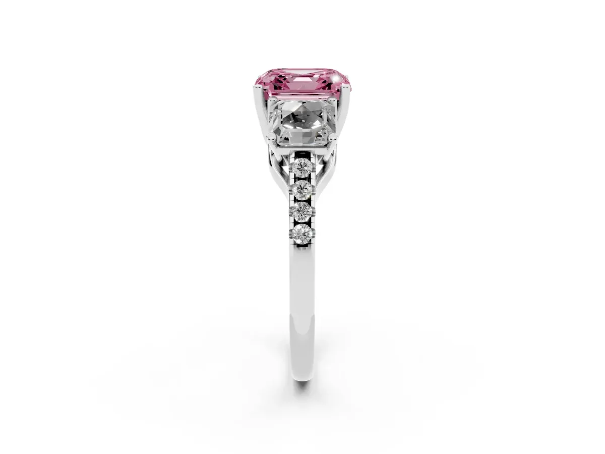 Fancy Pink Three-Stone Asscher Cut Diamond Ring with Round Pavé Band and Prong Setting Silver