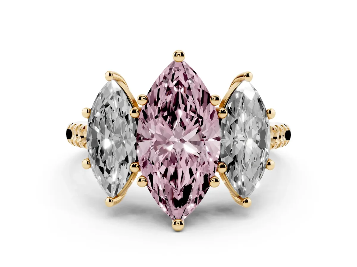 Fancy Pink Three-Stone Marquise Cut Diamond Ring with Round Pavé Band and Prong Setting Yellow gold