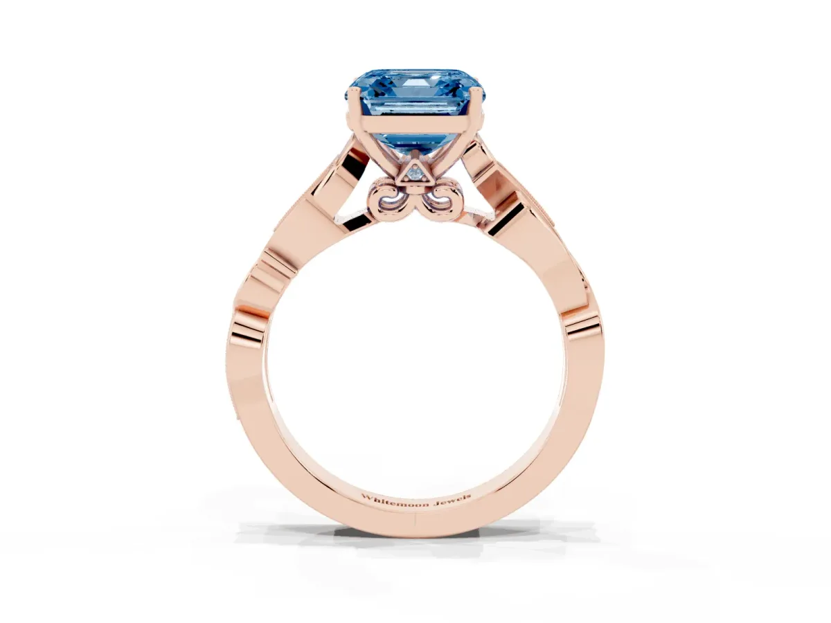 Fancy Blue Asscher Cut Solitaire Vine Band with Milgrain Prong Setting Rose gold