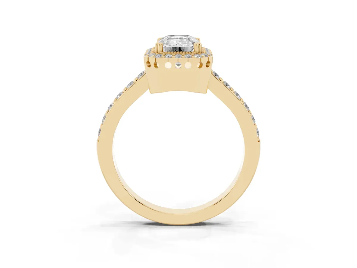 Emerald Cut Cut Diamond Halo Engagement Ring with Milgrain Detail and Pavé Band Yellow gold