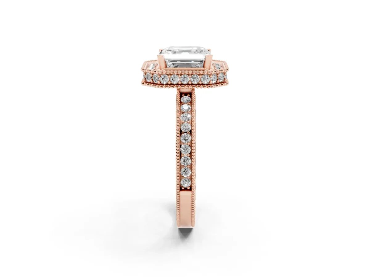 Asscher Cut Diamond Milgrain Halo Engagement Ring with Round Pavé Band and Prong Setting Rose gold