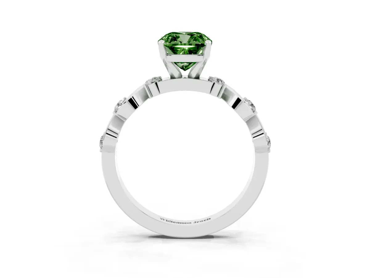 Fancy Green Cushion Cut Diamond Solitaire Twisted Band with Round Accents and Prong Setting Platinum