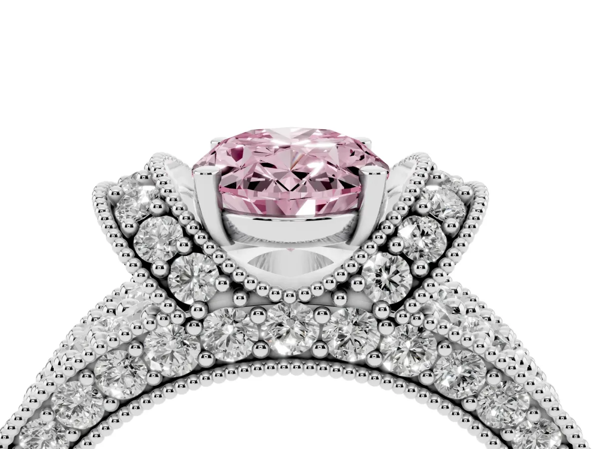 Fancy Pink Oval Cut Halo Pave Diamond Engagement Ring with Milgrain Detailing Silver