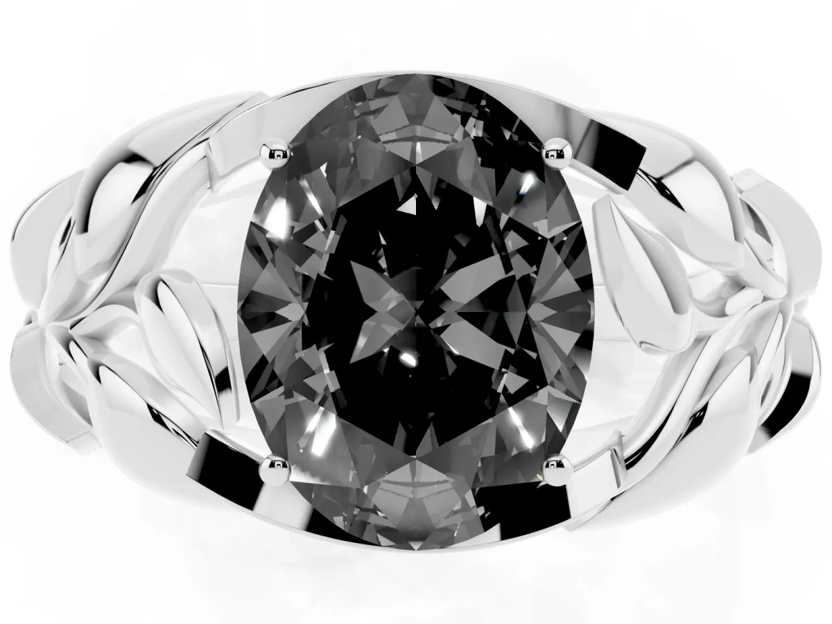 Fancy Black Oval Cut Diamond Leaf-Inspired Engagement Ring with Round Accents and Prong Setting Silver