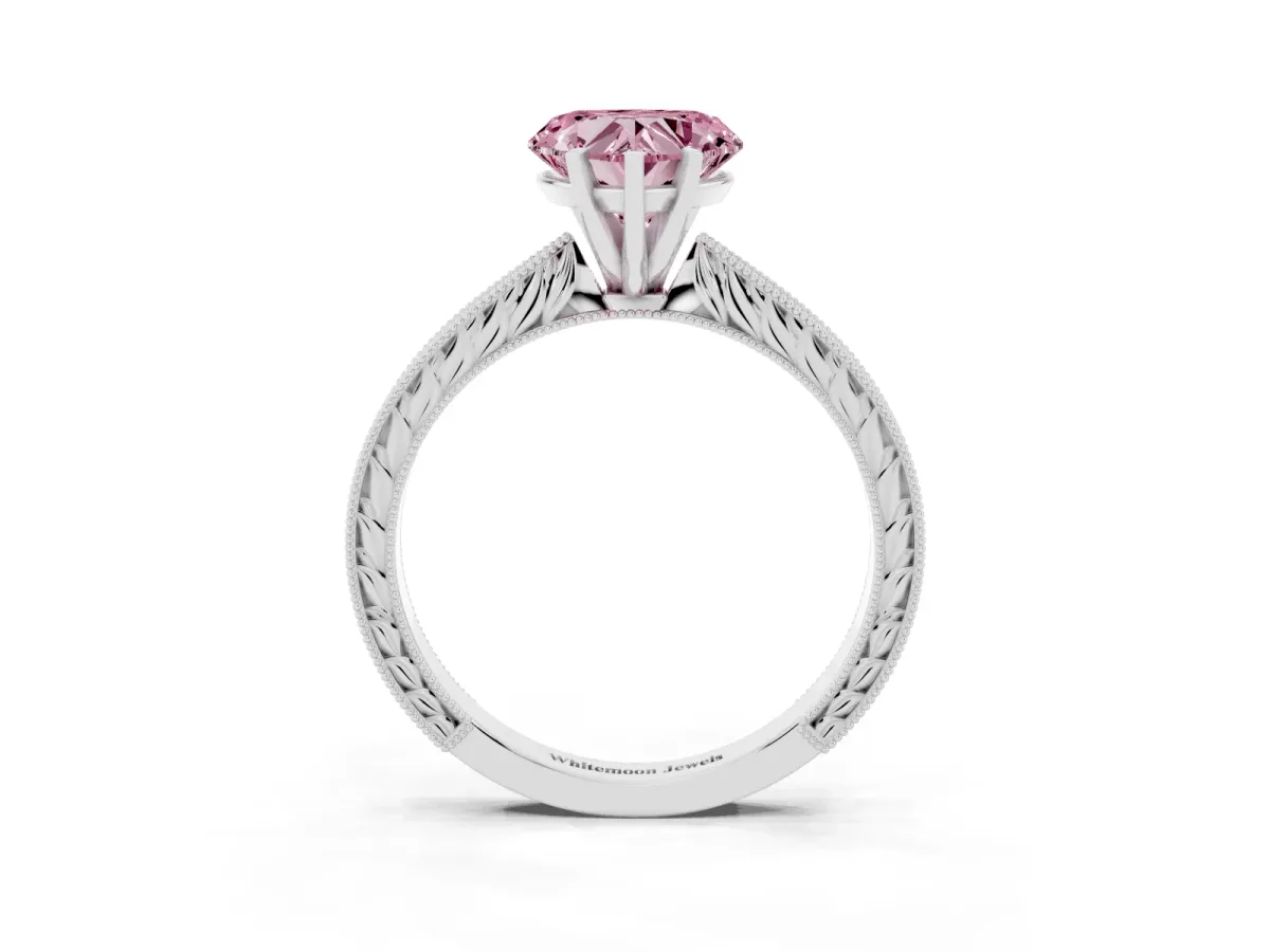 Fancy Pink Heart Cut Solitaire Milgrain Engraved Band with Four-Prong Setting Silver