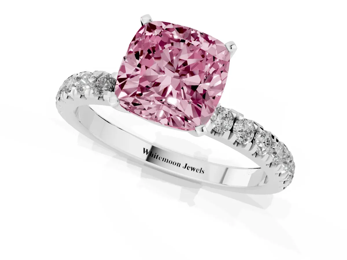 Fancy Pink Cushion Cut Diamond Solitaire Ring with Pavé Accents and Four-Prong Setting White gold