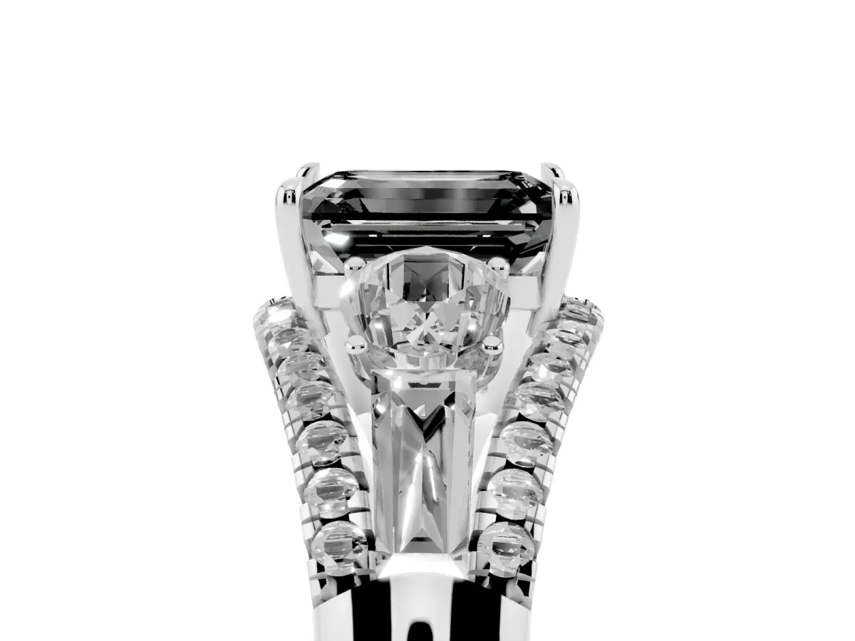 Fancy Black Three-Stone Emerald Cut Diamond Engagement Ring with Pave Band and Prong Setting Silver