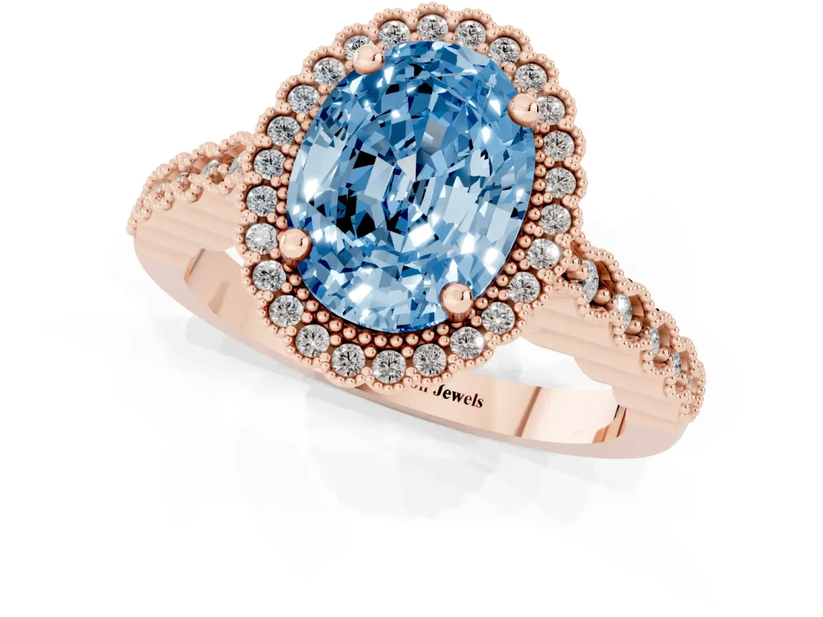 Fancy Blue Oval Cut Cut Halo Pavé Solitaire Ring with Milgrain Band Rose gold