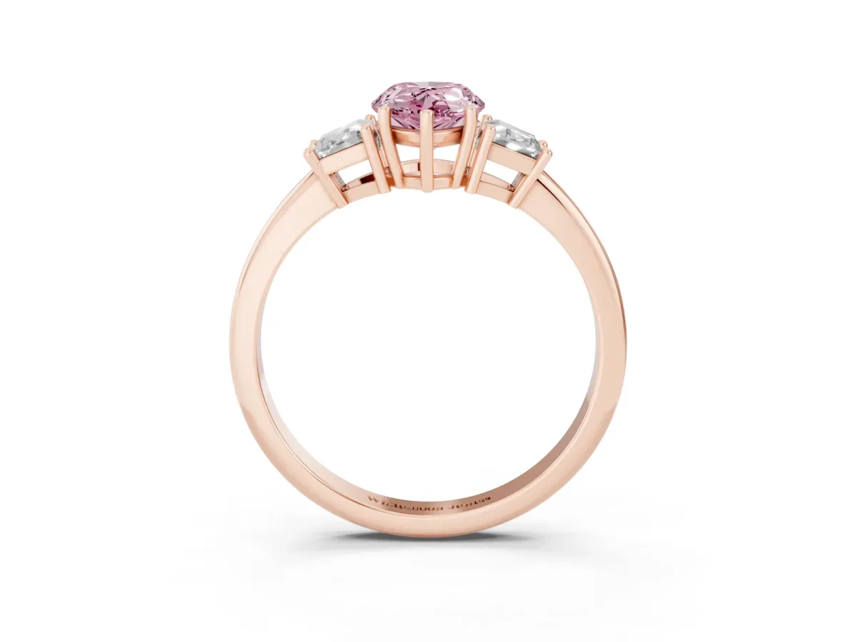 Fancy Pink Pear Cut Diamond Three-Stone Ring with Trapezoid Side Stones and Prong Setting Rose gold