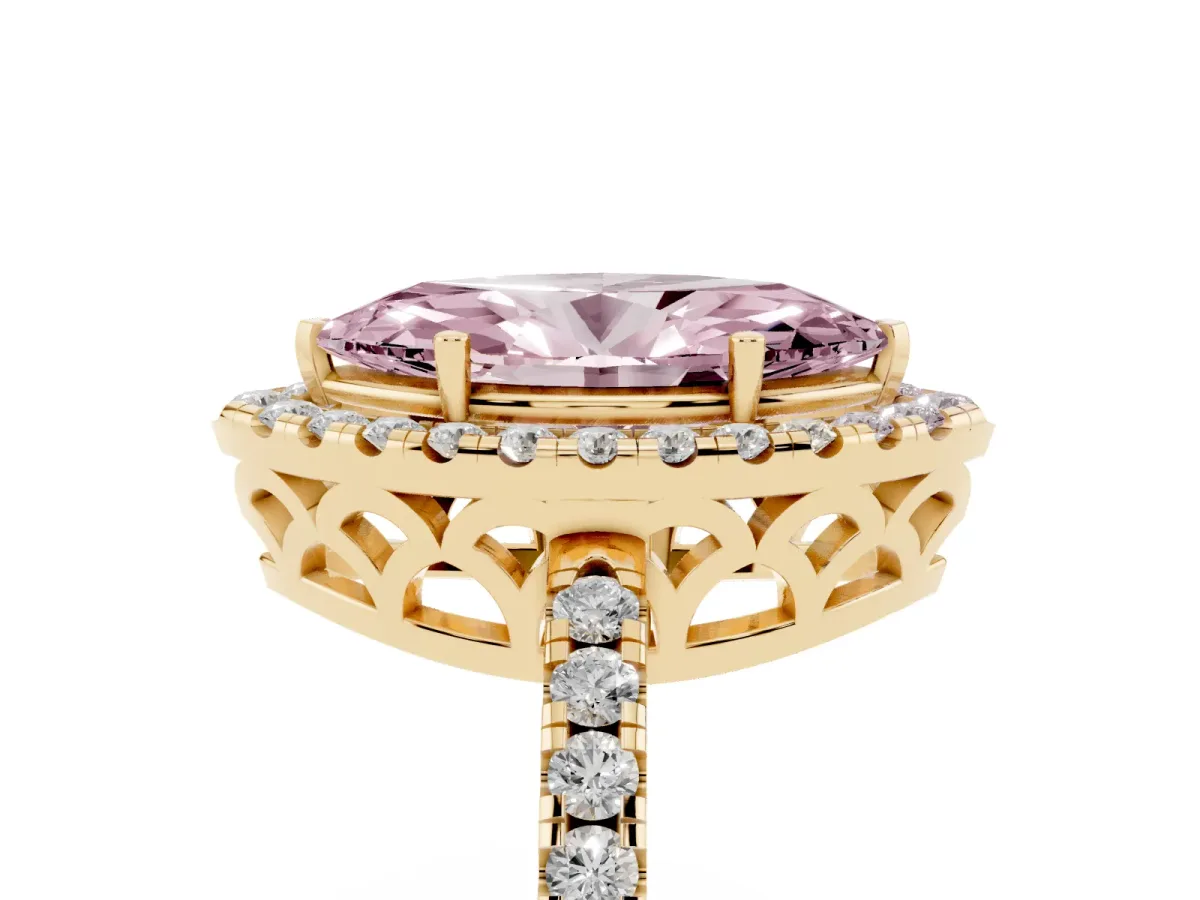 Fancy Pink Marquise Cut Halo Diamond Engagement Ring with Pavé Band and Four-Prong Setting Yellow gold
