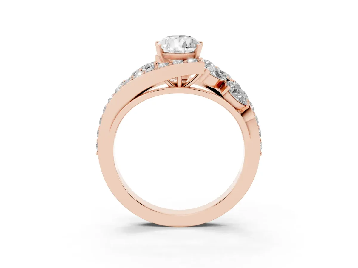 Pear Cut Diamond Halo Ring with Marquise and Pavé Band in Prong Setting Rose gold
