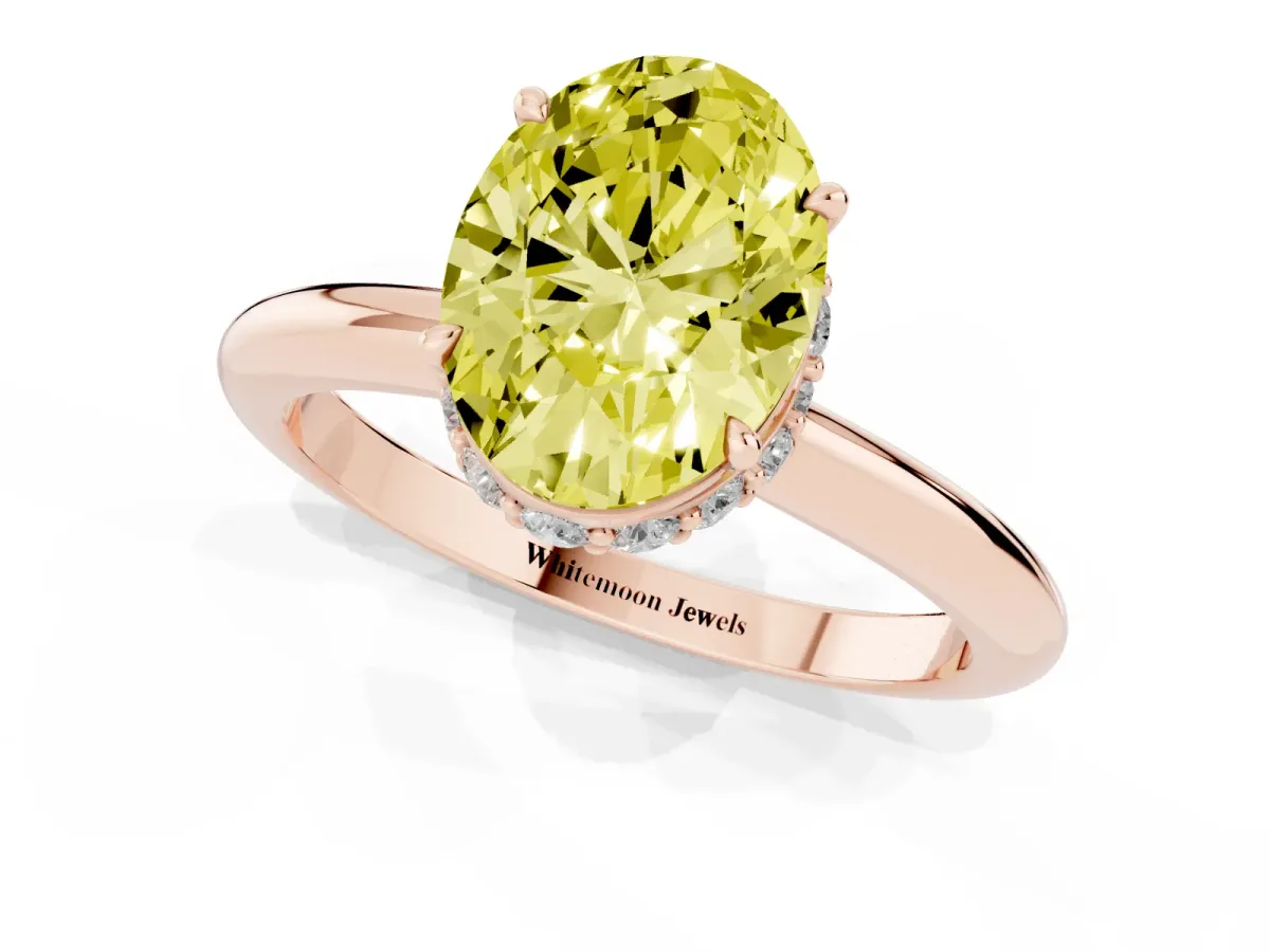 Fancy Yellow Oval Cut Brilliant Solitaire Engagement Ring with Six-Prong Setting and Classic Band Rose gold