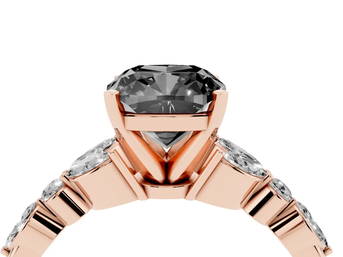 Fancy Black Cushion Cut Diamond Solitaire Ring with Side Stones and Four-Prong Setting Rose gold