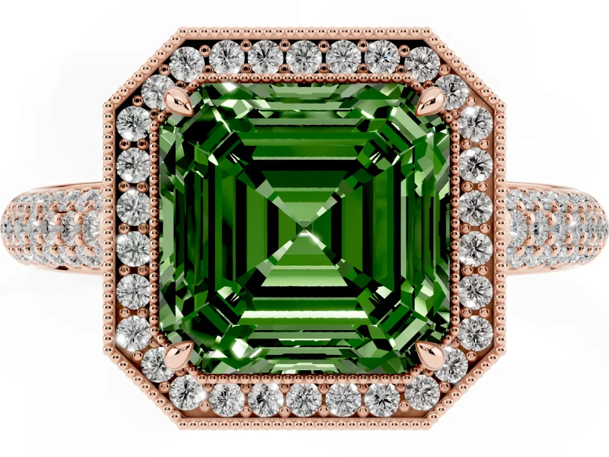 Fancy Green Asscher Cut Cut Halo Diamond Pave Band with Four-Prong Setting Rose gold