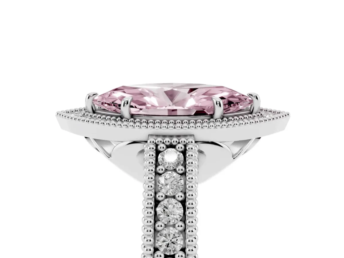 Fancy Pink Marquise Cut Cut Halo Diamond Ring with Pavé Band and Four-Prong Setting Platinum