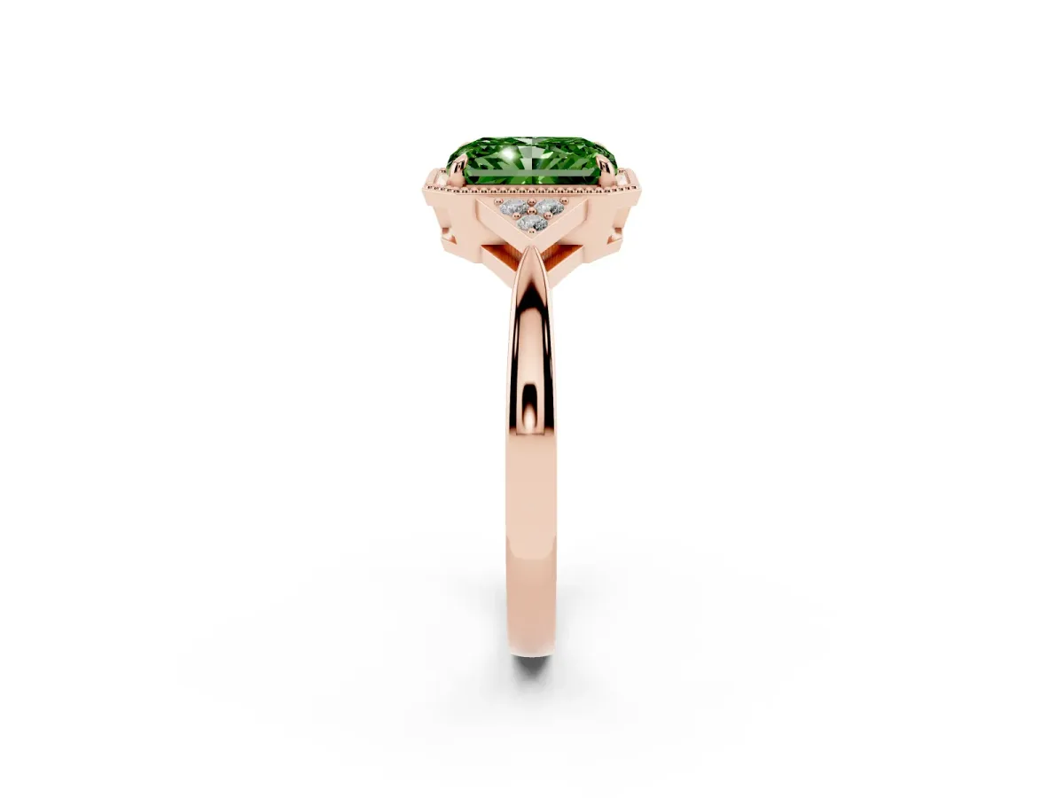 Fancy Green Hexagonal Halo Radiant Cut Diamond Solitaire with Pavé Band and Four-Prong Setting Rose gold