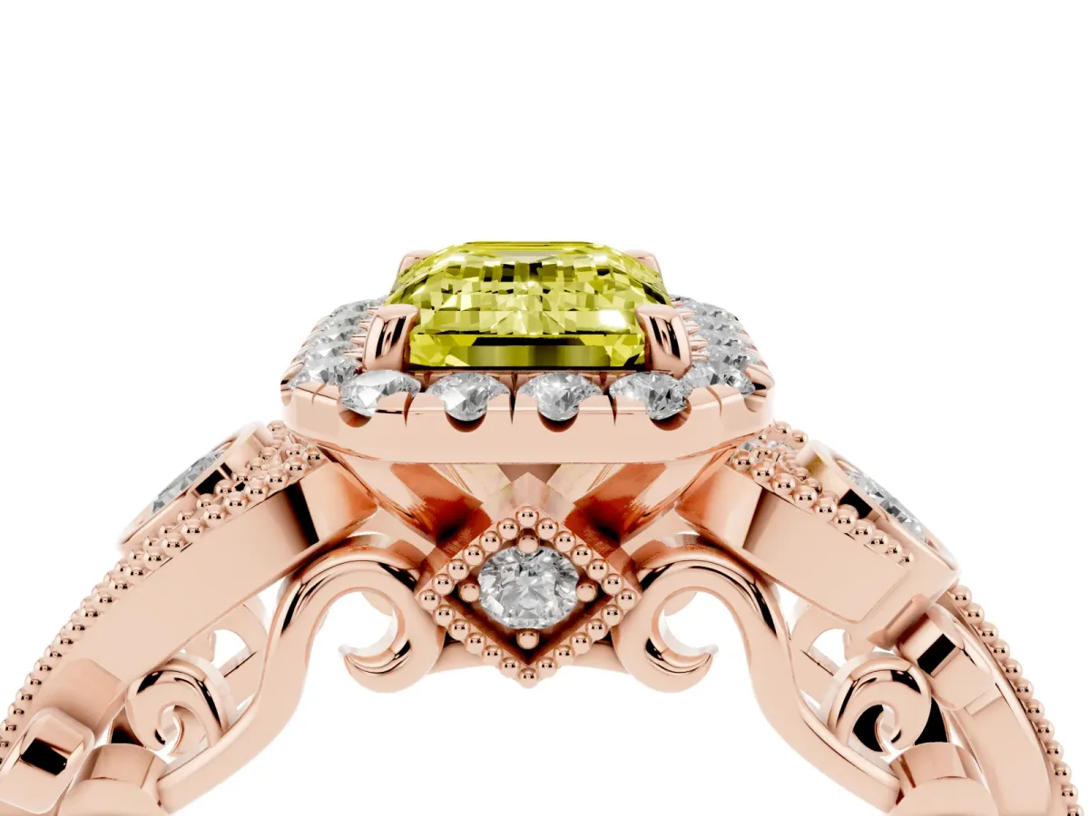 Fancy Yellow Emerald Cut Halo Diamond Ring with Milgrain and Bezel Accents on a Split Shank Band Rose gold