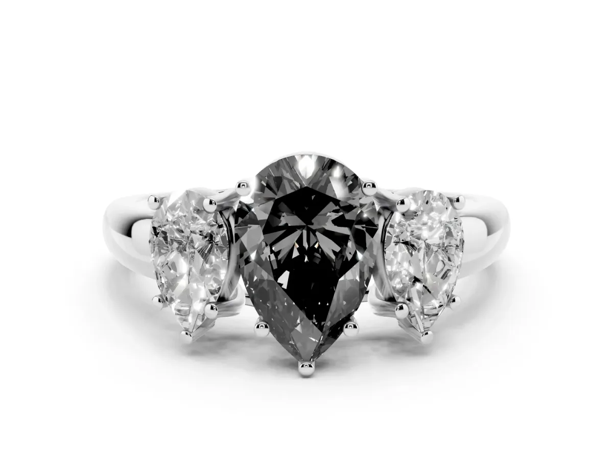 Fancy Black Three-Stone Pear Cut Diamond Engagement Ring with Prong Setting Platinum