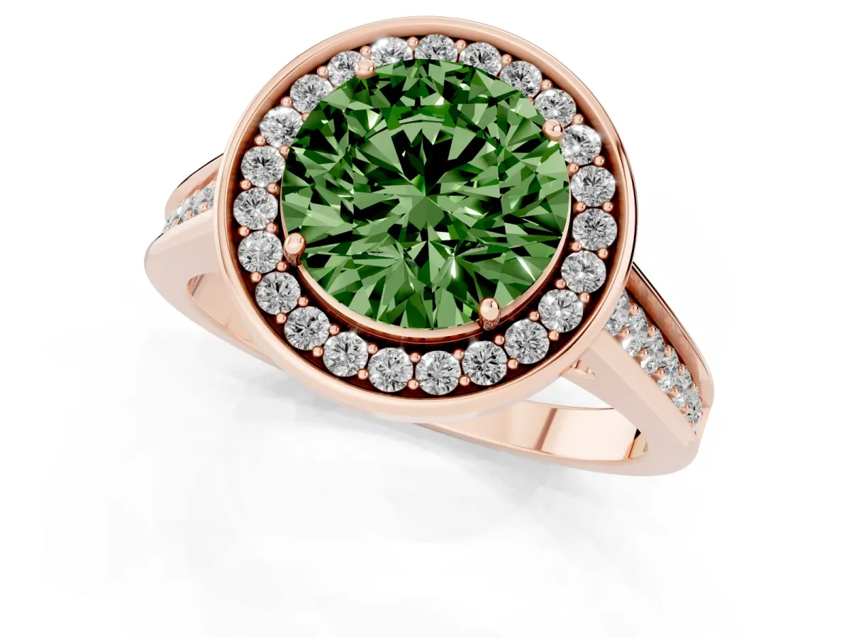 Fancy Green Round Cut Halo Solitaire Diamond Ring with Pave Band and Bezel Setting Rose gold