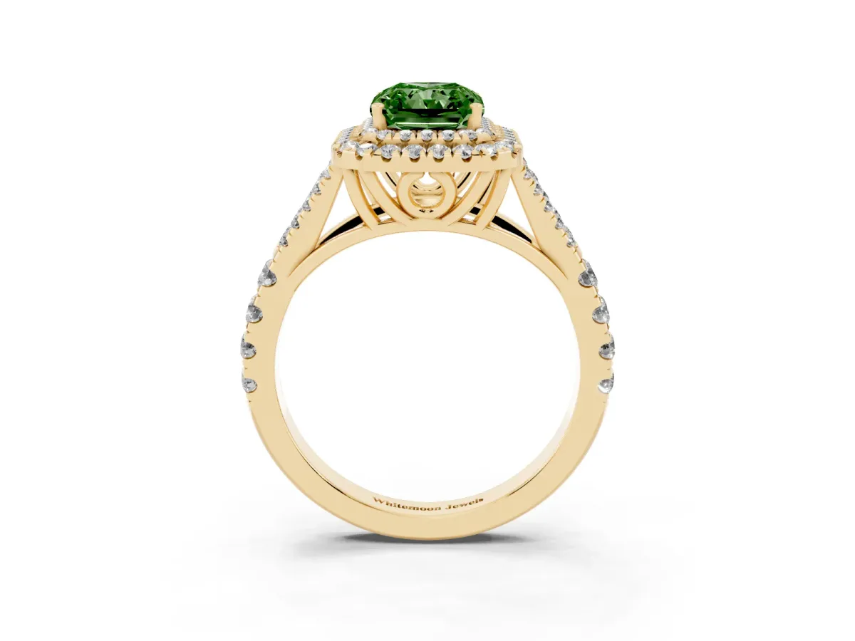 Fancy Green Radiant Cut Cut Double Halo Split Shank Diamond Ring with Prong Setting Yellow gold