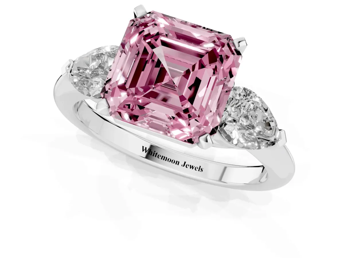 Fancy Pink Three-Stone Asscher Cut Diamond Ring with Pear Side Stones and Four-Prong Setting Silver