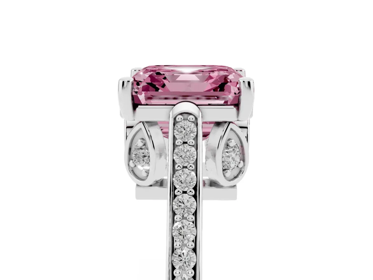 Fancy Pink Asscher Cut Cut Cathedral Pave Diamond Engagement Ring with Six-Prong Setting Silver