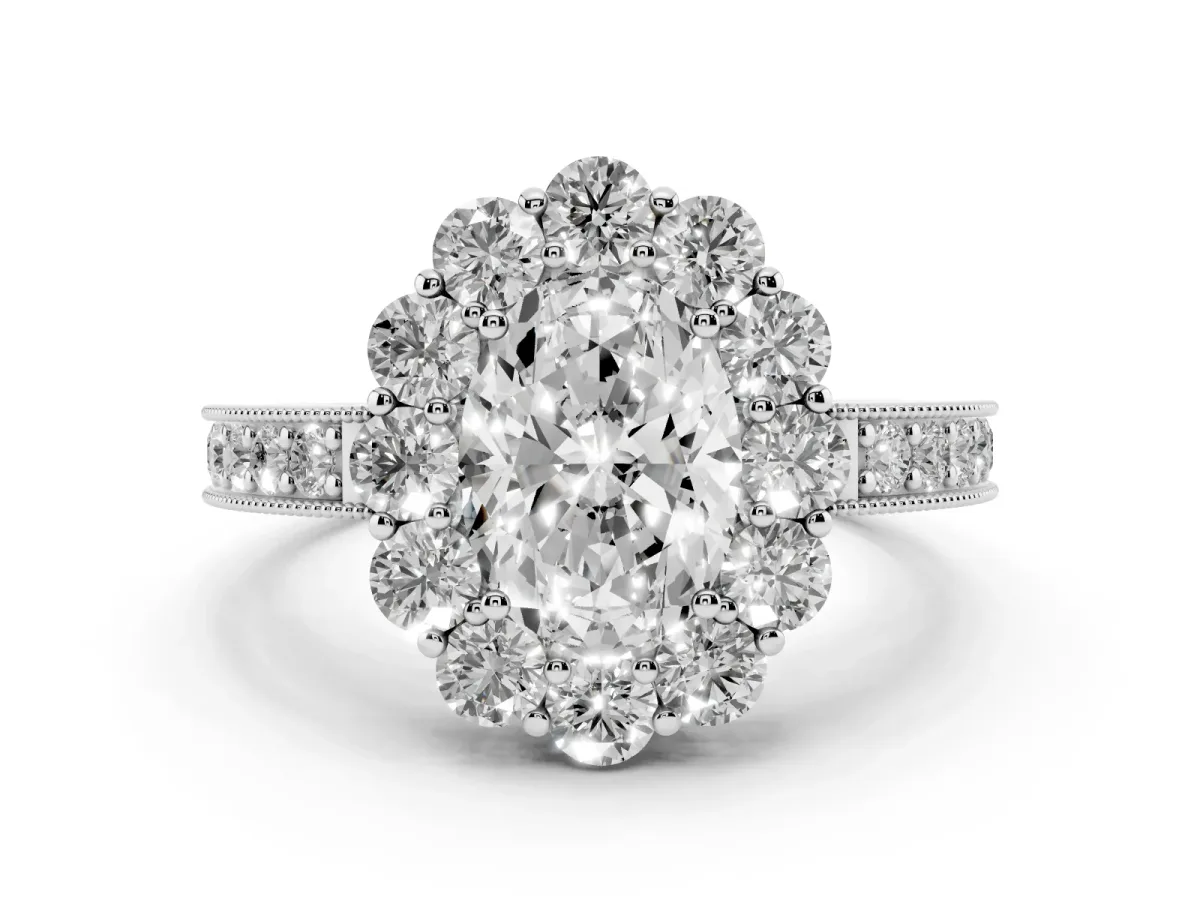Oval Cut Cut Halo Diamond Pavé Engagement Ring with Milgrain Detailing Silver