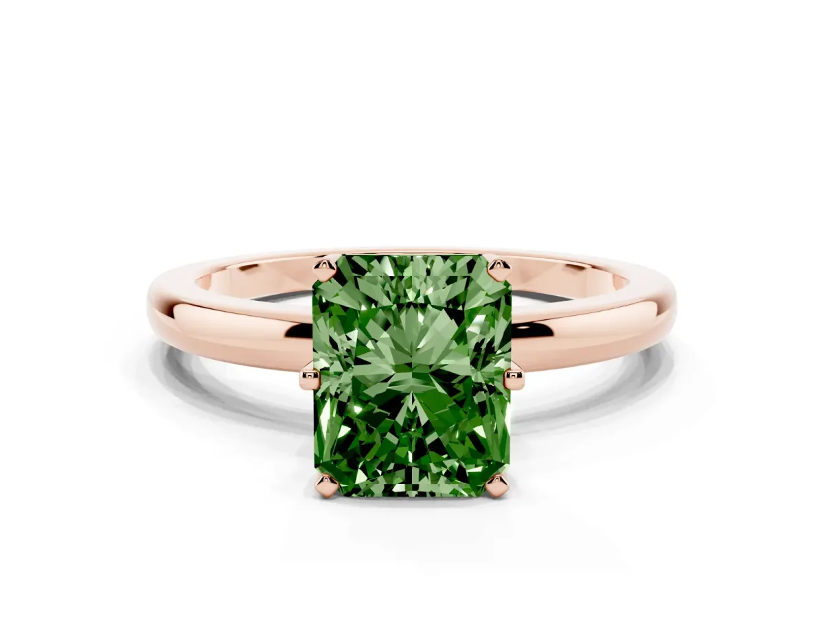 Fancy Green Radiant Cut Solitaire Diamond Ring with Six-Prong Setting on a Classic Band Rose gold