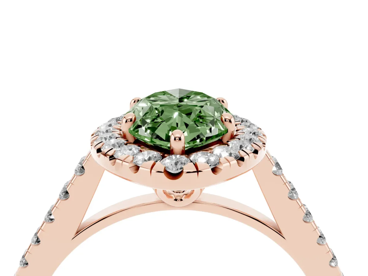 Fancy Green Marquise Cut Halo Pavé Diamond Engagement Ring with Four-Prong Setting Rose gold