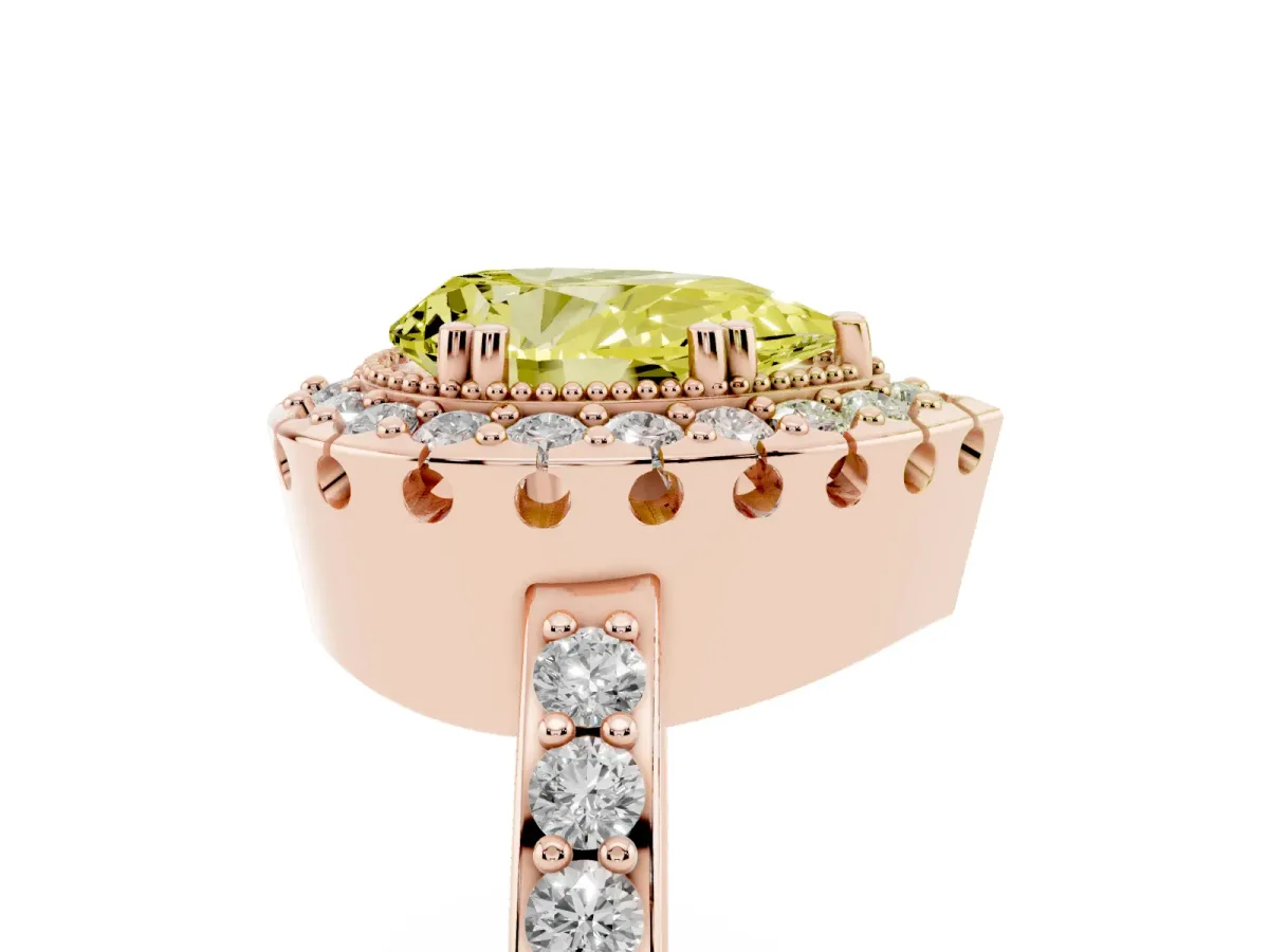 Fancy Yellow Pear Cut Diamond Halo Ring with Pavé Band and Prong Setting Rose gold